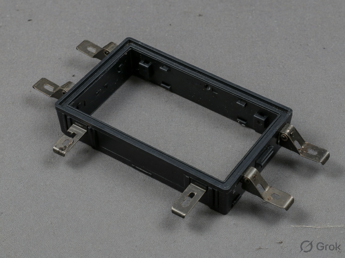 Black plastic single-DIN radio mounting sleeve with metal spring clips