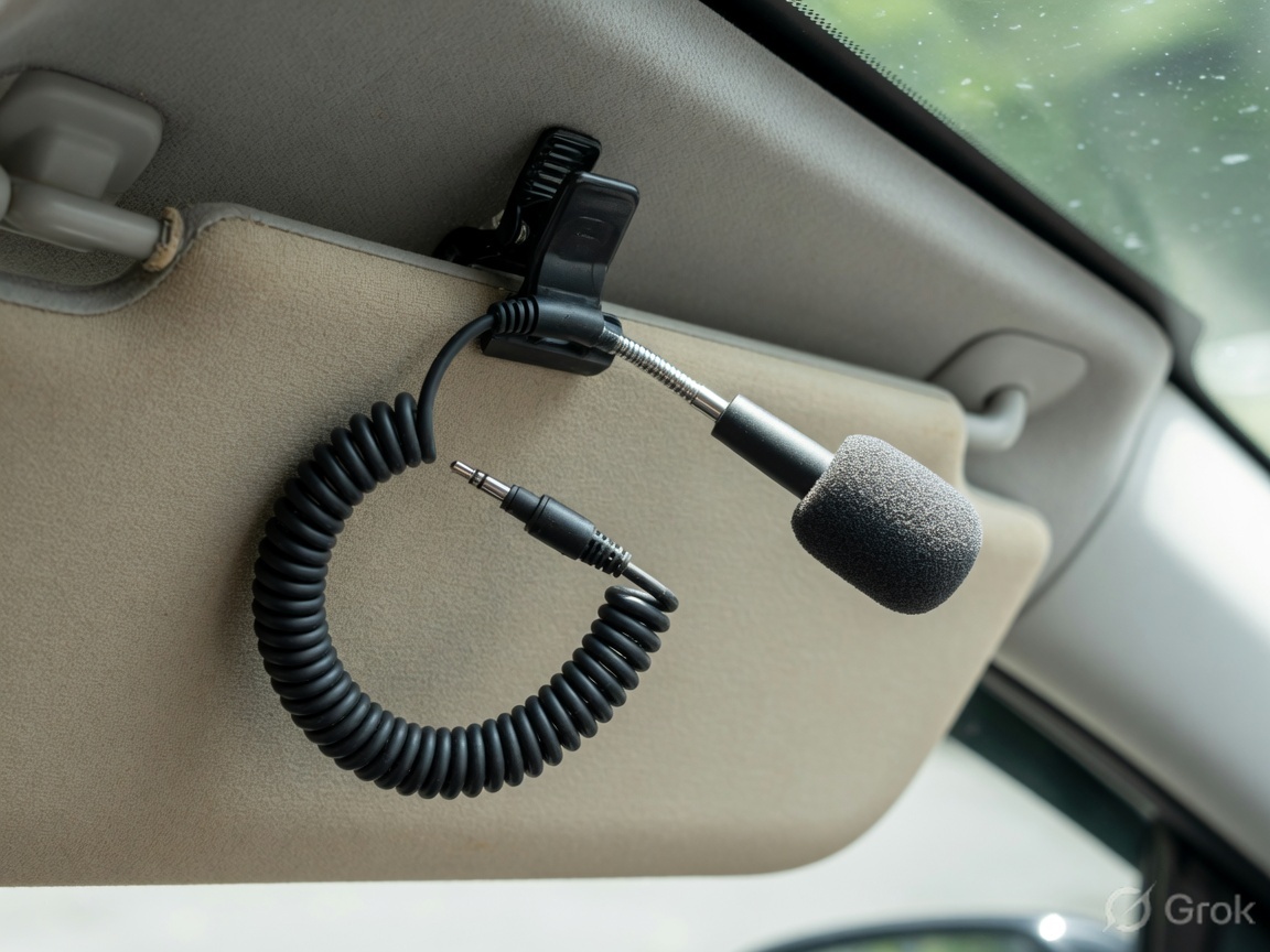 Clip-on visor microphone with foam windscreen, gooseneck, and coiled 3.5mm cable
